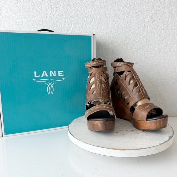 Lane Becca Leather Wedge Sandals Womens 8 Desert Clay Western Cutout Wooden Heel - Picture 12 of 12